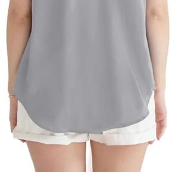 Amazon Gray Flutter Sleeve Satiny Blouse with Pleated Neckline Size Large - Picture 4 of 11